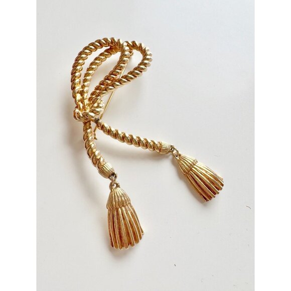 Vintage Unbranded Gold Tone Rope Dangle Tassel Brooch - Picture 3 of 9